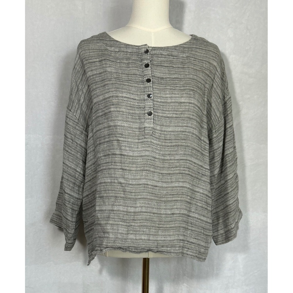 J Jill Pure 100% Linen Top M Petite Gray Gradient Boxy Popover Blouse Lagenlook